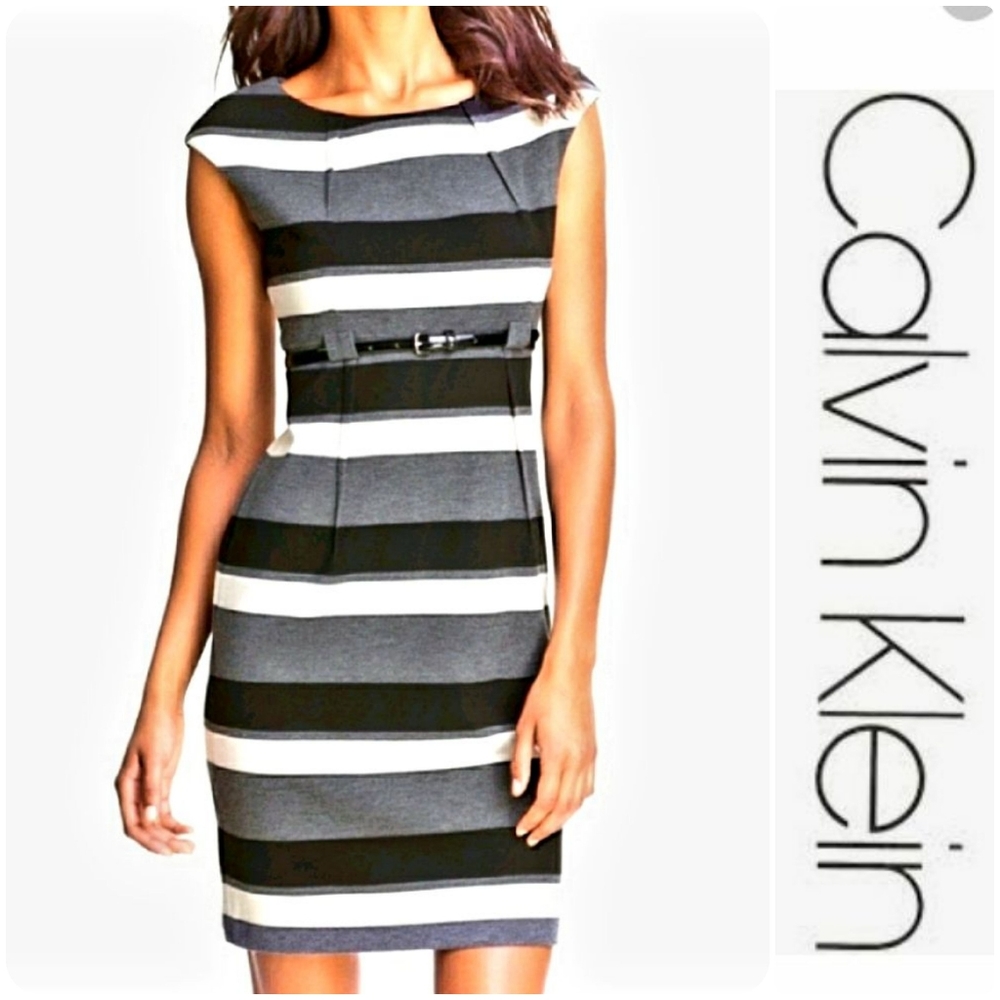 Calvin Klein Striped Belted Sheath Dress